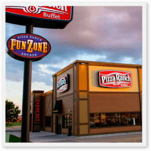 corner store front with fun zone